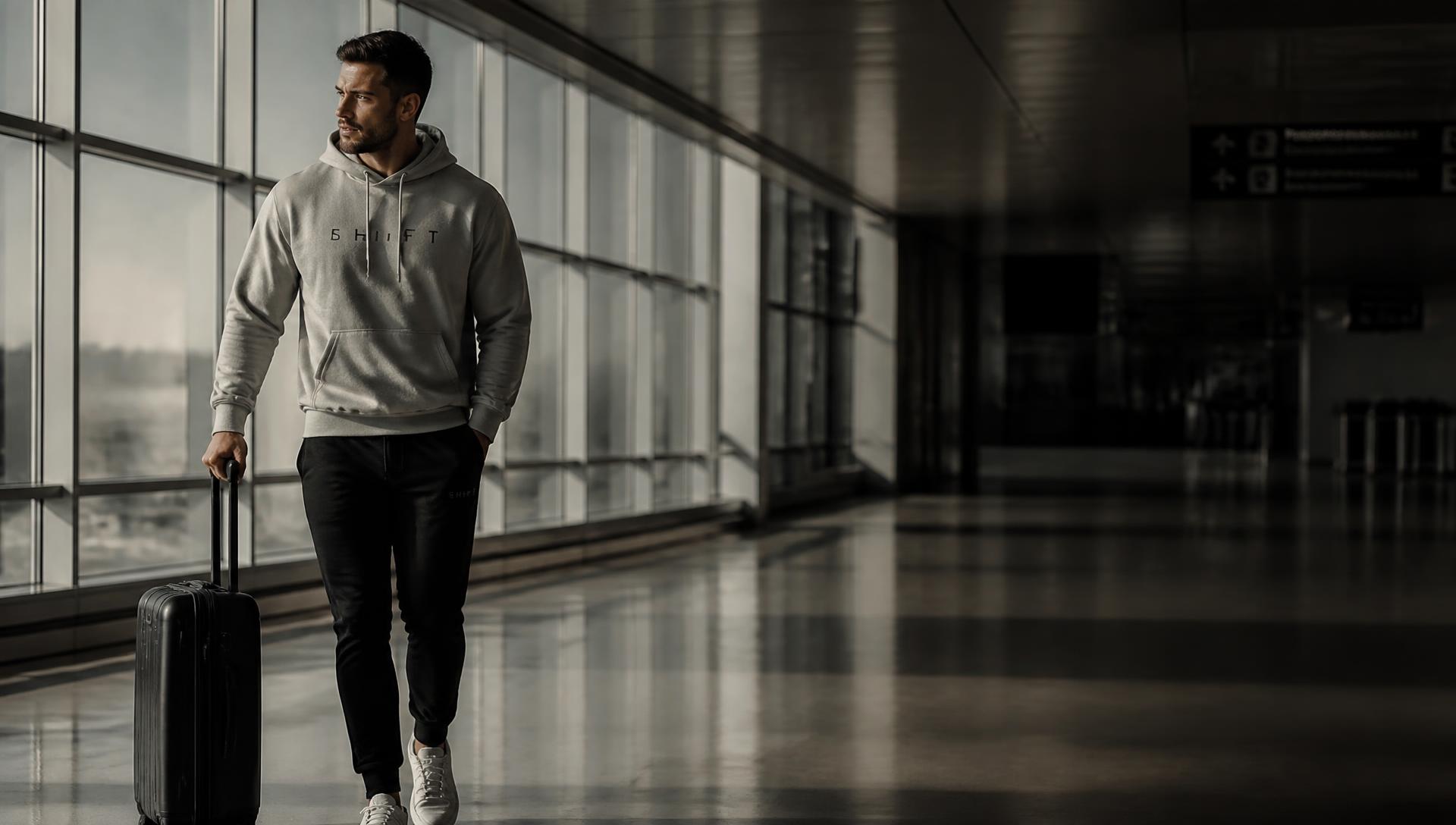 A man in a SHIFT hoodie walking through an airport terminal