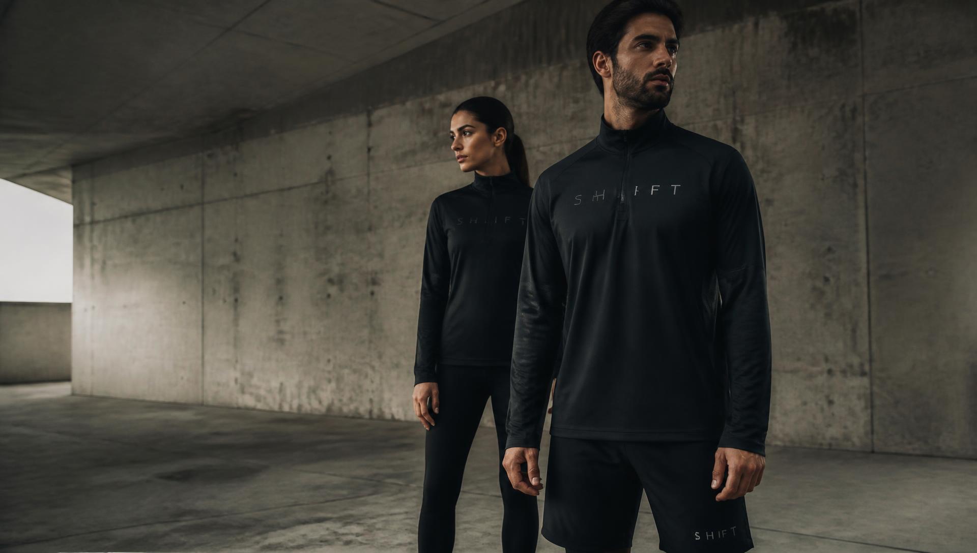 A man and a woman wearing SHIFT performance apparel in a concrete architectural space